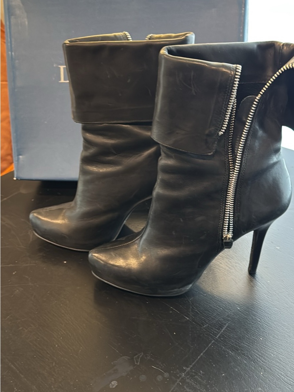 Black Leather Fold-Over Ankle Boots with Side Zip and Stiletto Heel